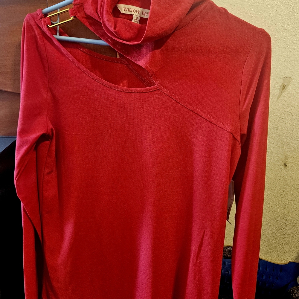 Willow & Clay Red Asymmetrical Cutout Turtleneck Sweater